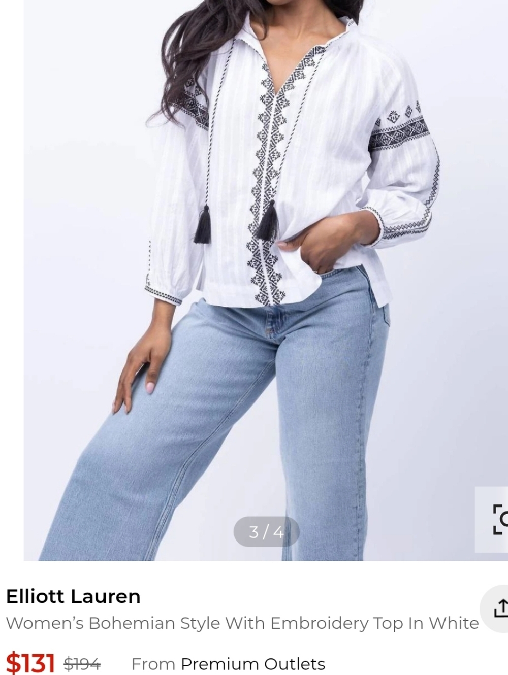 Elliott Lauren Bohemian Style With Embroidery Top  Sz XL White 100% Cotton